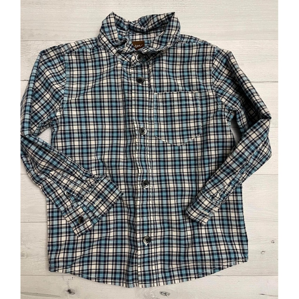 Tea‎ collection boys button down shirt blue white plaid size 4